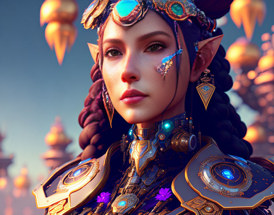 Digital artwork: Female character with elfin features, ornate armor, intricate jewelry, sky backdrop