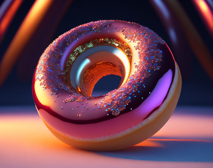 Glossy Sprinkled Doughnut on Neon-lit Background