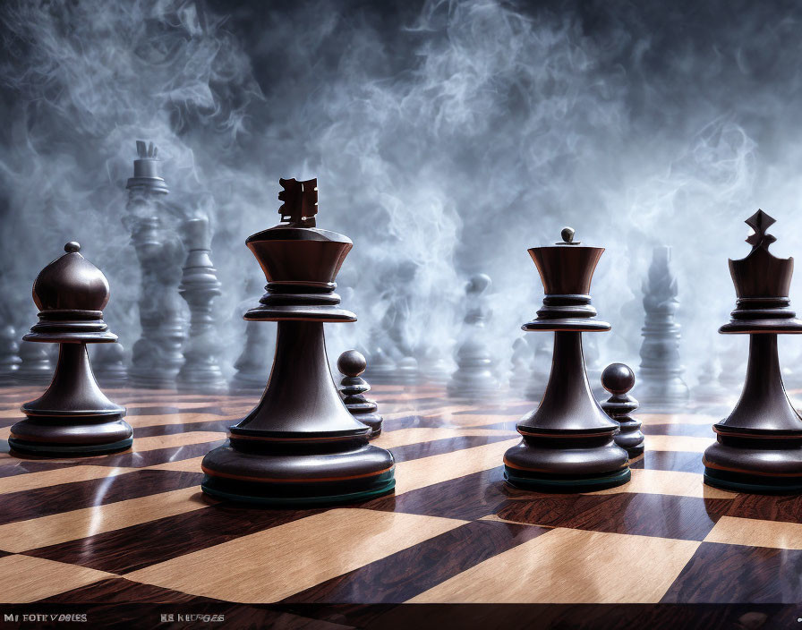 Silhouetted chess pieces on dramatic smoky chessboard