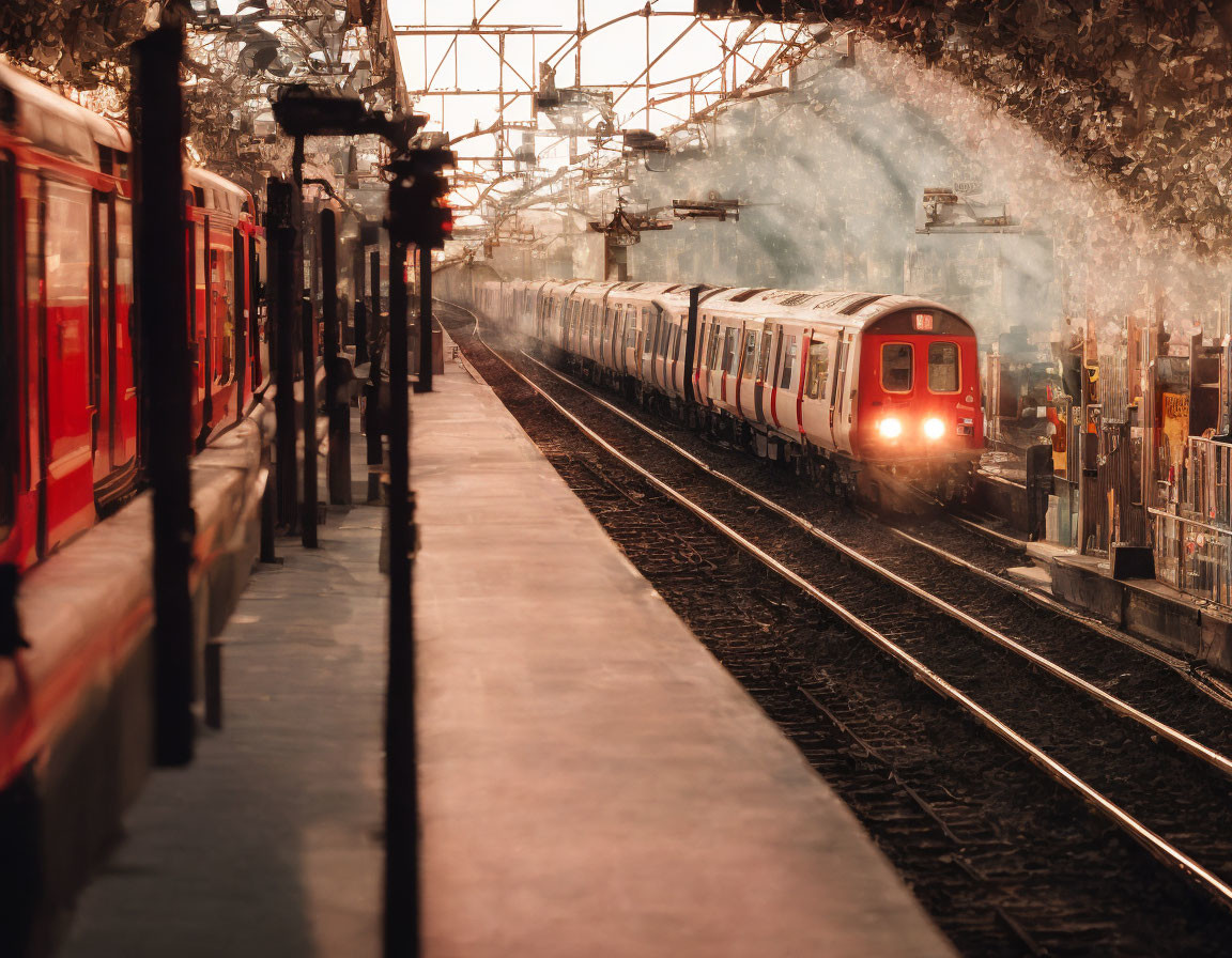 Train approaching station at sunset with warm sunlight and rising mist.