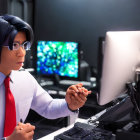 Man and chimpanzee collaborate at control desk with monitors.