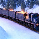 Train traveling through snowy landscape at twilight