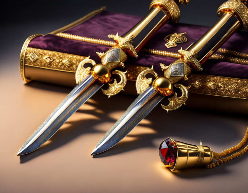 Luxurious ceremonial daggers with jewel-encrusted handles on purple velvet cushion