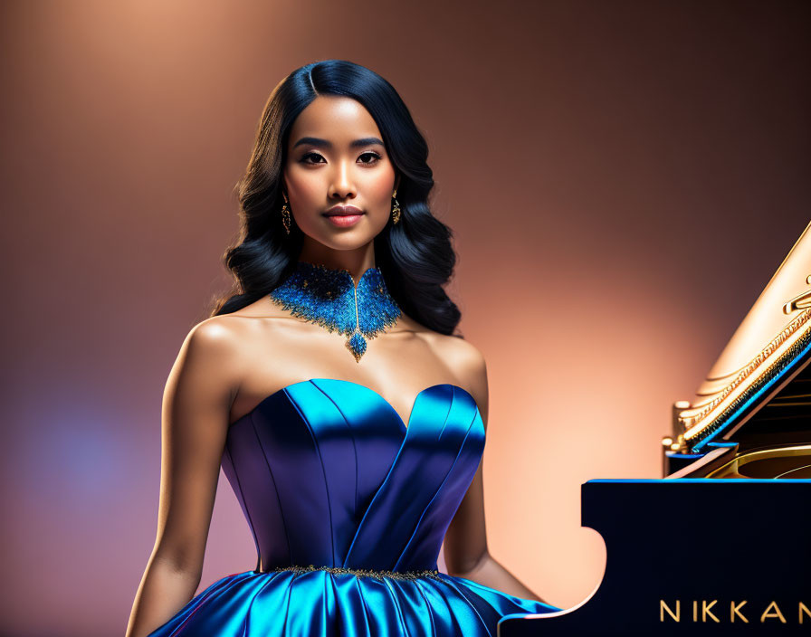 Woman in Blue Gown Poses by Grand Piano