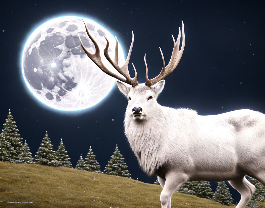 White stag in snowy forest under full moon