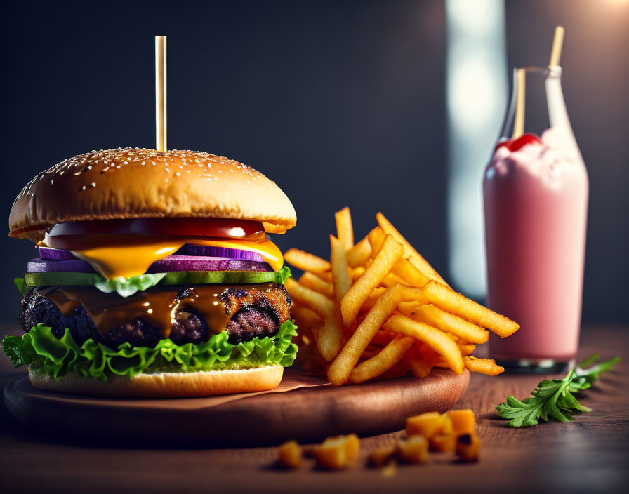 Classic Cheeseburger Meal with Fries and Milkshake on Wooden Table