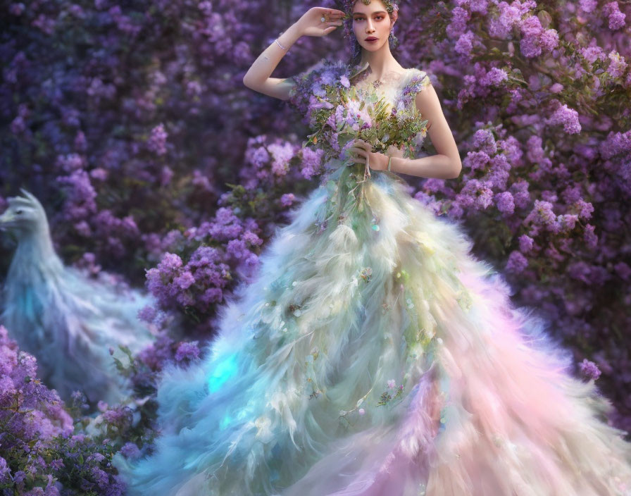 Colorful Woman in Feathered Gown with Peacock and Flowers