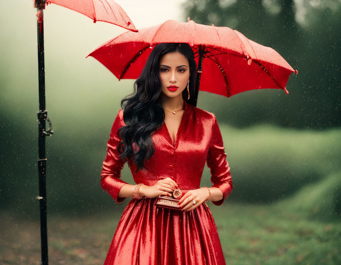 Woman in red dress with matching umbrella in misty setting.