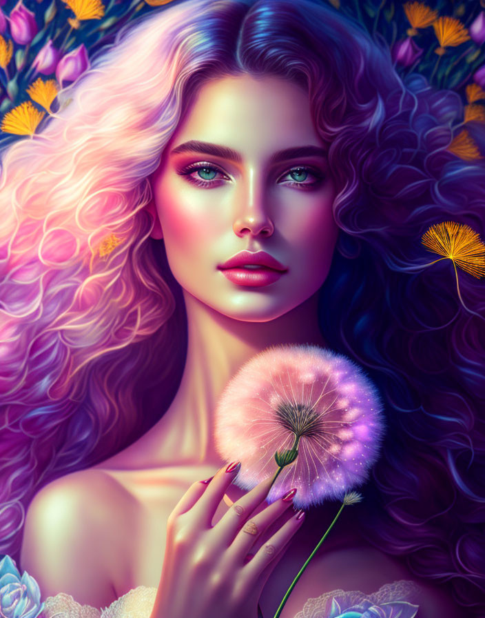 Illustration of woman with curly hair and green eyes holding dandelion in colorful floral setting