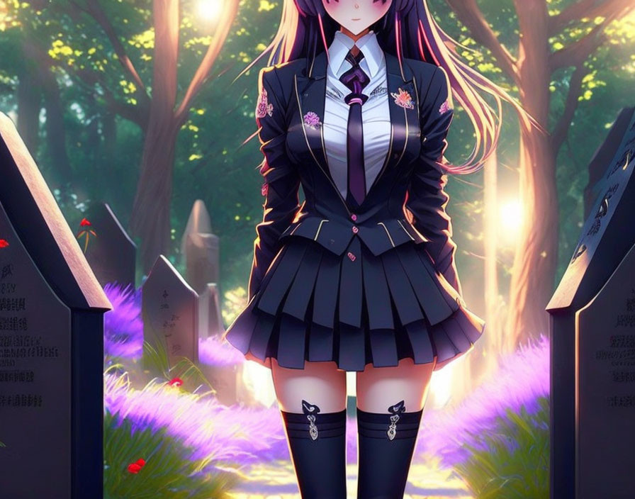 Anime girl in black school uniform among tombstones and purple flowers