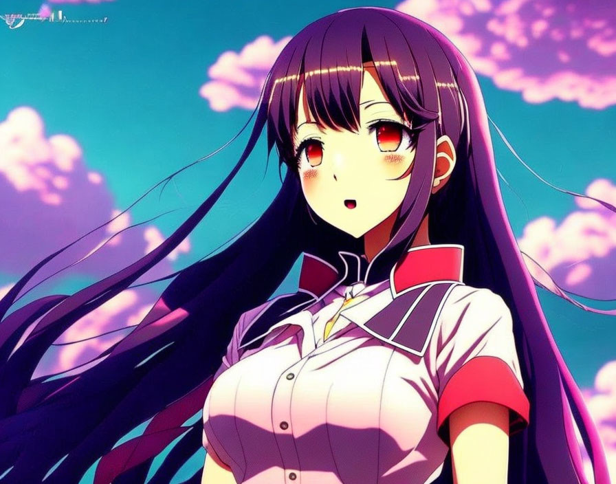 Purple-haired anime girl in white and red uniform under pink sky.