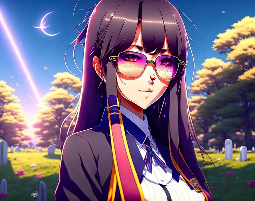 Illustration of girl in school uniform with long brown hair and glasses in magical twilight scene