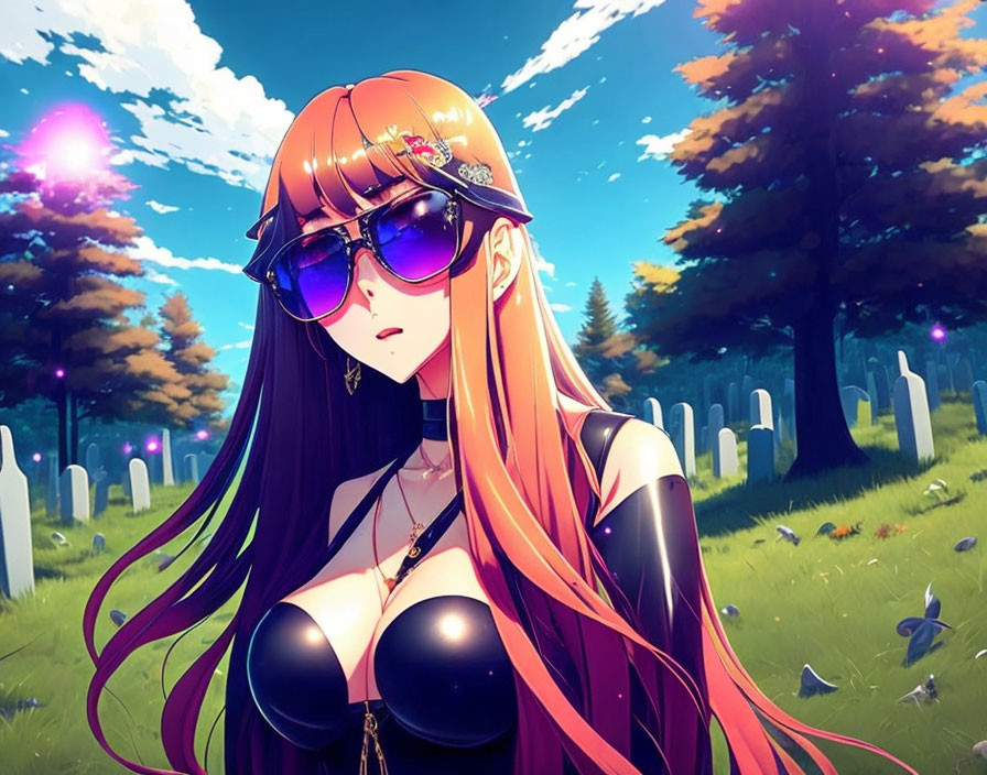 Stylized anime woman with orange hair in sunny graveyard