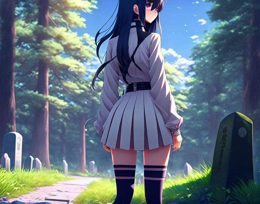 Young girl in school uniform by gravestone in sunlit forest