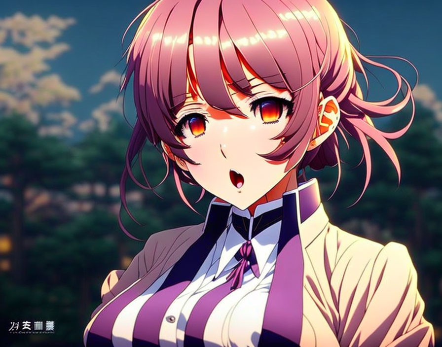 Pink-haired animated character in school uniform with amber eyes on evening backdrop