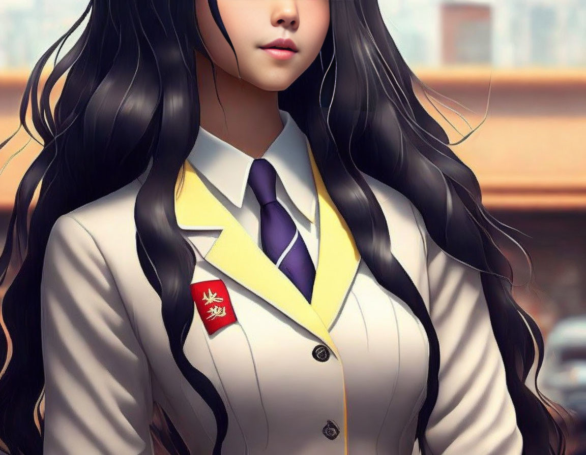 Illustrated female character in white blazer, purple tie, and badge