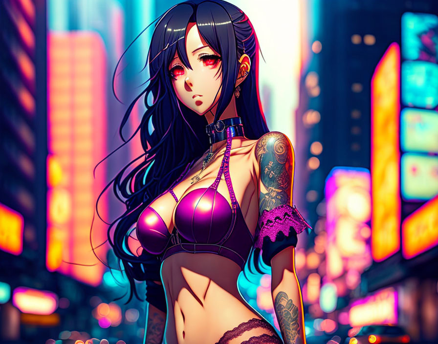 Stylized anime girl with long black hair and tattoos in revealing outfit against neon-lit urban backdrop