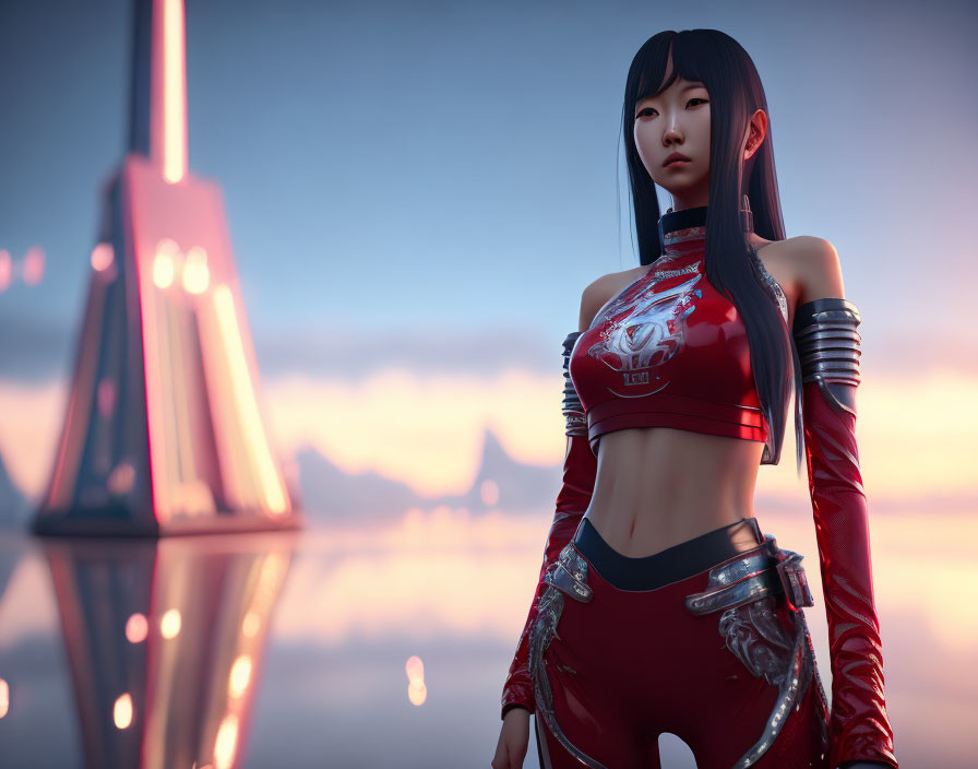 Digital art: Female character in futuristic red attire, long black hair, against serene water and mountain backdrop