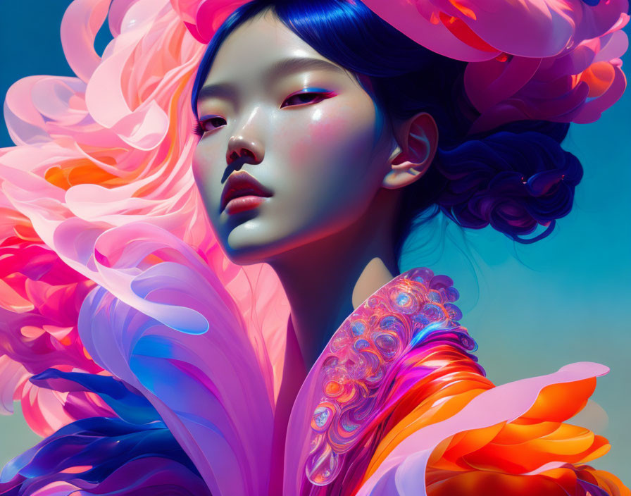 Colorful swirling petals surround a person in a vivid portrait