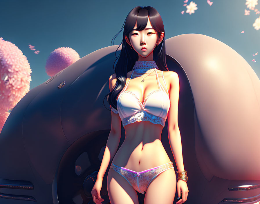 Stylized female character with long black hair in white and blue lingerie, surrounded by cherry blossoms