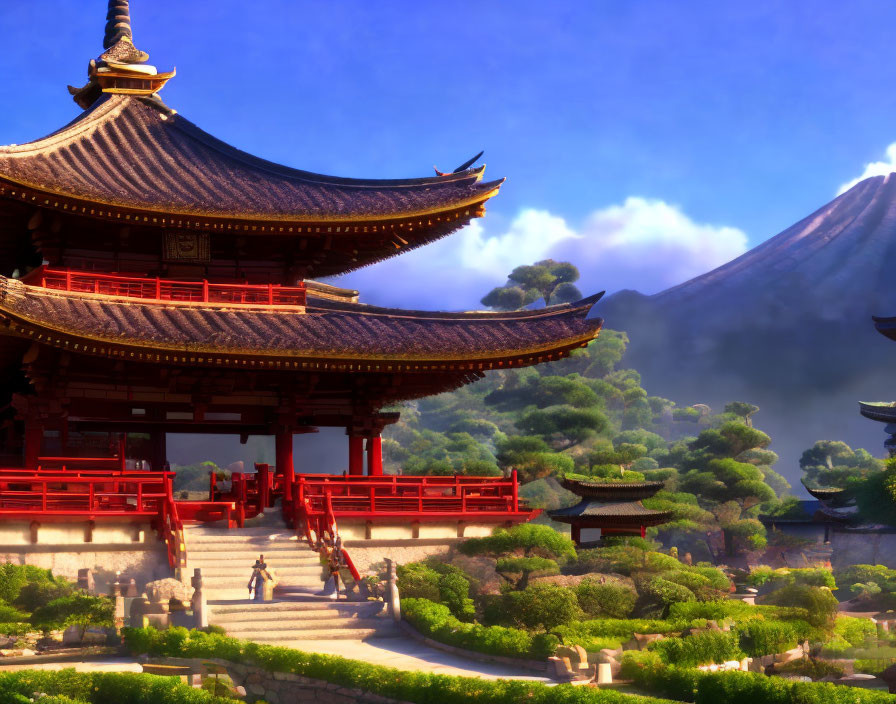 Traditional Asian Pagoda with Red Stairs in Serene Landscape