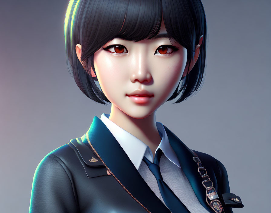 Stylized digital art portrait of young woman with bobbed hair and glowing amber eyes in dark uniform