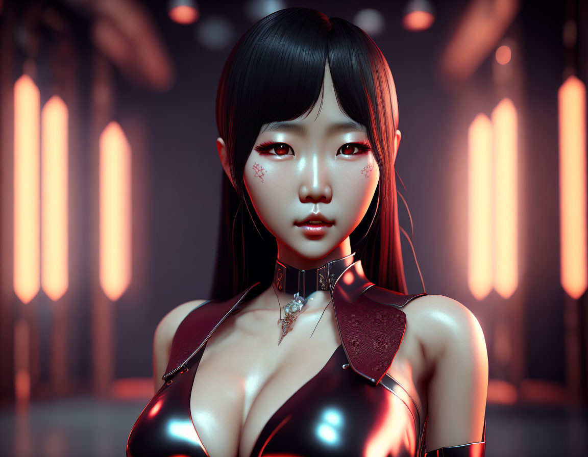 Futuristic digital artwork of woman in red attire with glowing elements