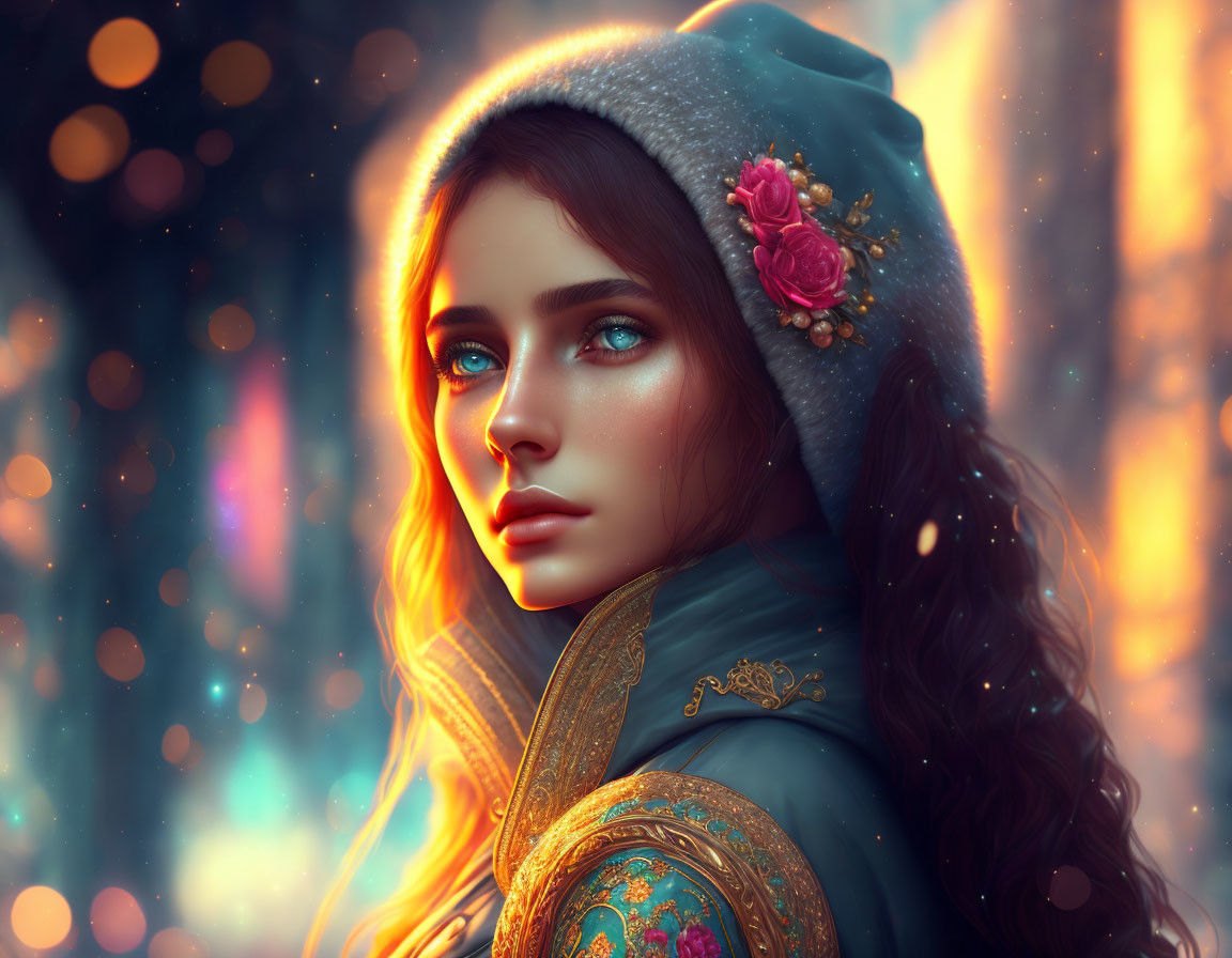 Digital portrait of a woman with blue eyes in teal hood with pink rose, set against bokeh lights