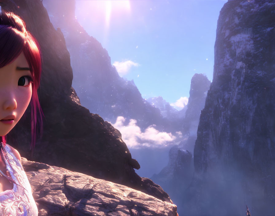 3D animated young girl with purple hair on cliff overlooking mountain landscape