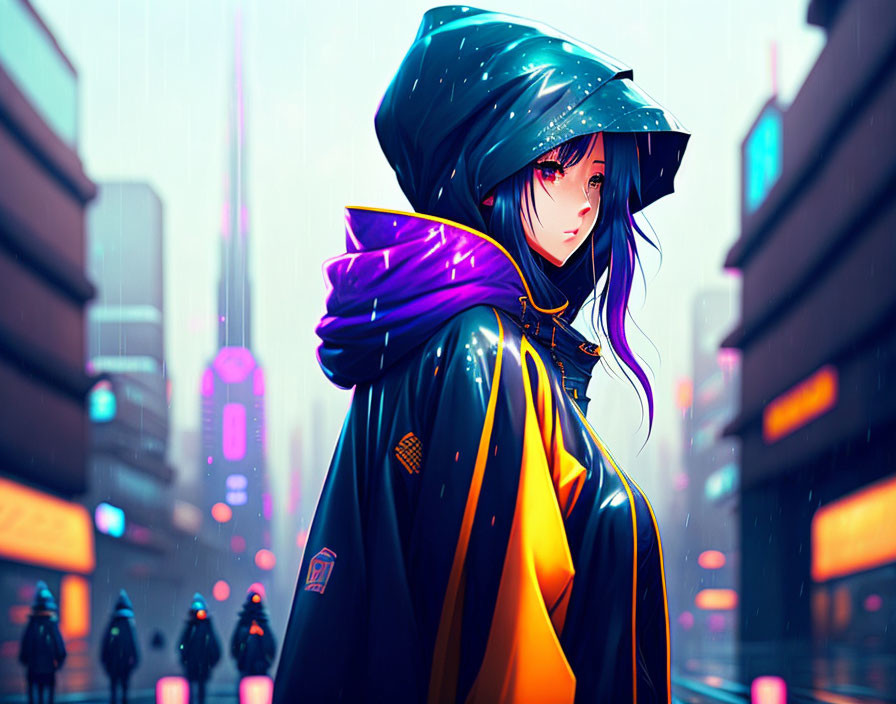 Anime-style girl in hood under neon-lit city rain.