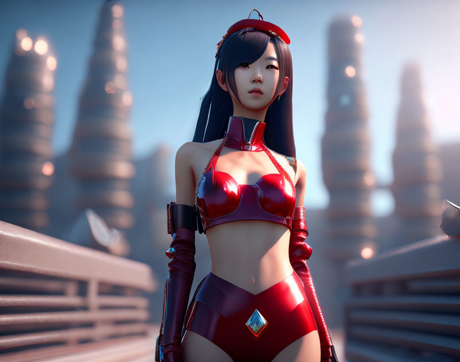 Blue-haired animated character in futuristic red outfit on bridge with misty skyscrapers.