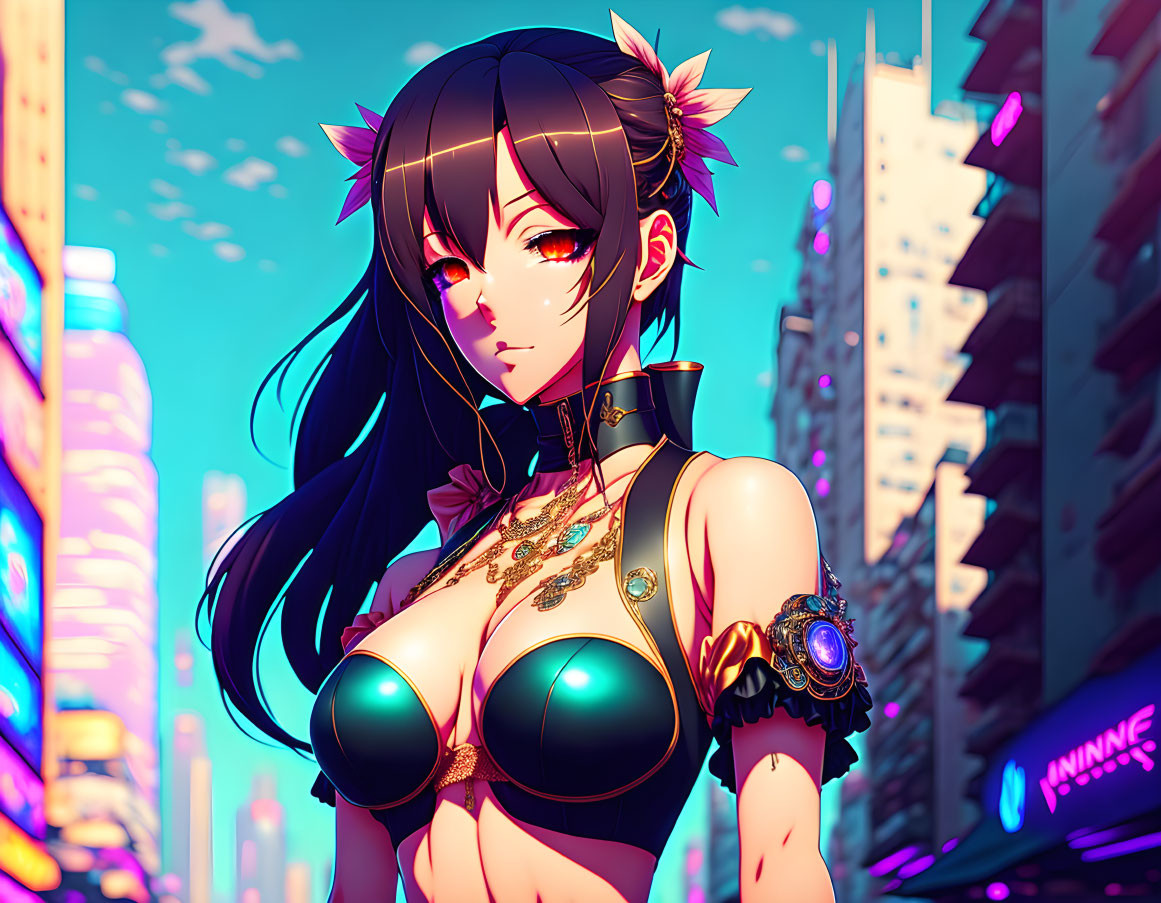 Black-Haired Female Character in Futuristic Attire with Horns in Neon Cityscape