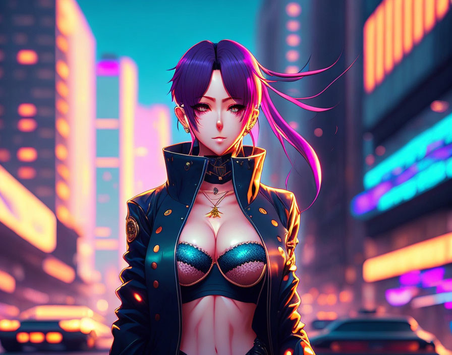 Digital artwork: Woman with purple hair in futuristic cityscape, glowing jacket.