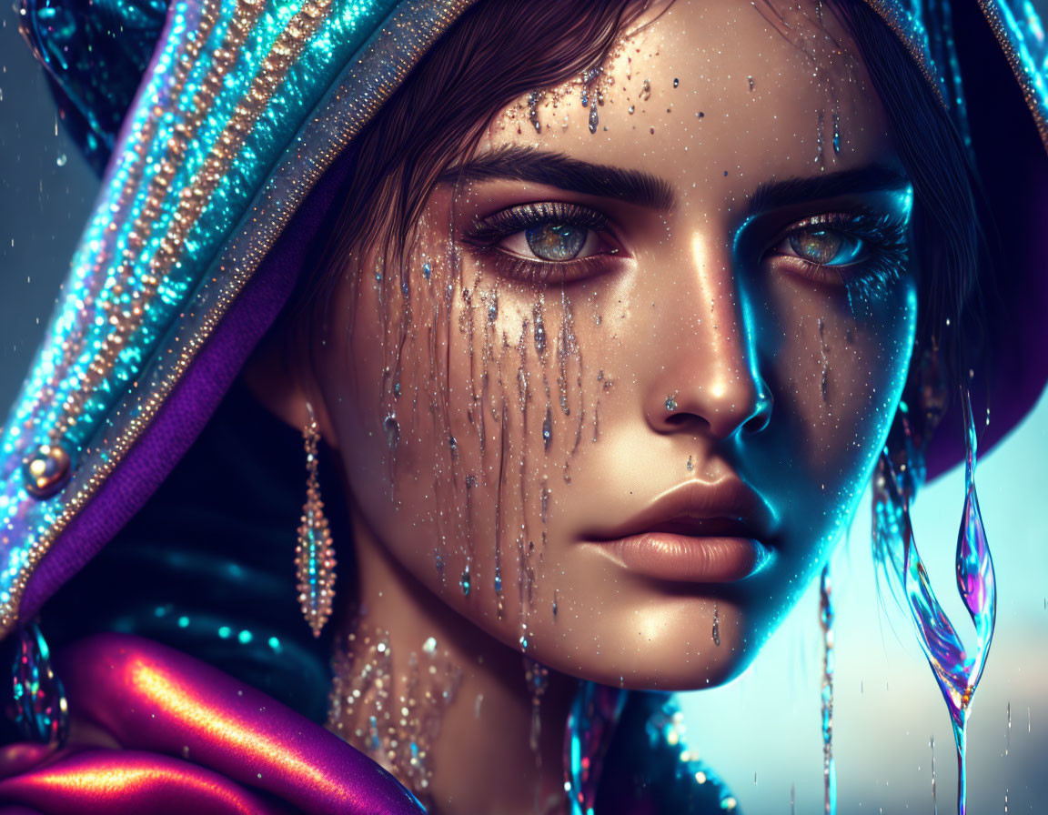 Colorful portrait of woman with glittering teardrops, jeweled hooded garment, intense gaze