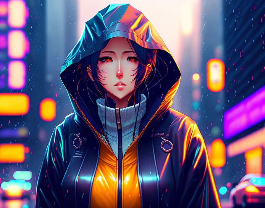 Digital illustration: Pale-skinned person in hooded jacket, dark hair, neon-lit city backdrop