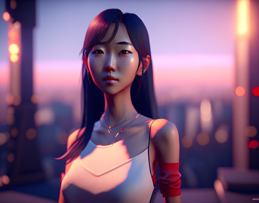 3D-rendered image: Woman with black hair, white top, red sleeve, city sunset backdrop