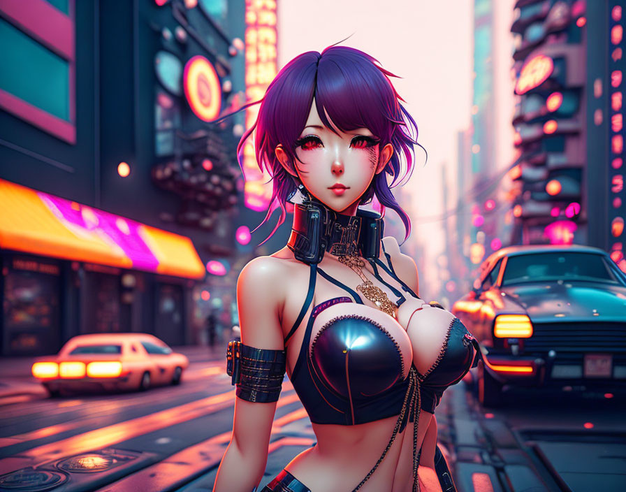 Digital artwork: Female character with purple hair in futuristic clothing against neon-lit city.