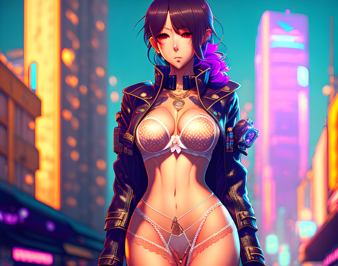 Dark-haired female character in futuristic cityscape with glowing cybernetic arm