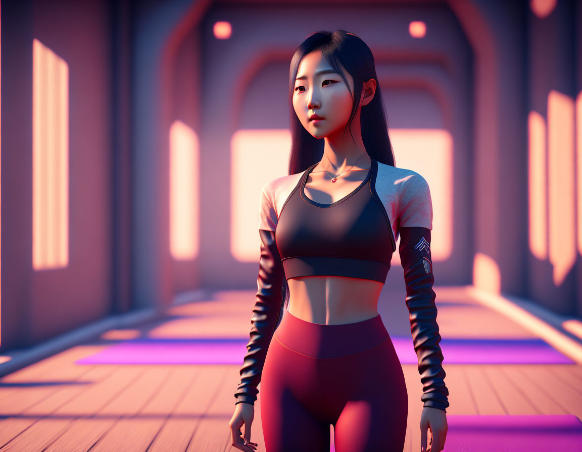 Asian Female in Athletic Wear Stands in Futuristic Corridor