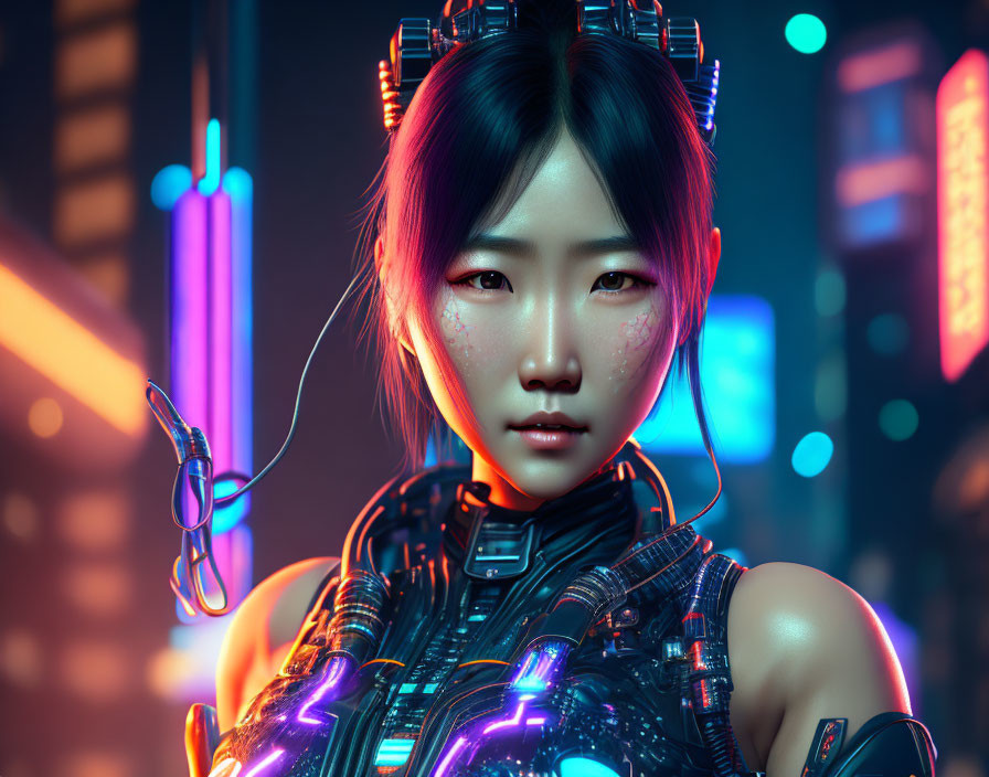 Futuristic cyberpunk woman with glowing neon lights and advanced technology headgear