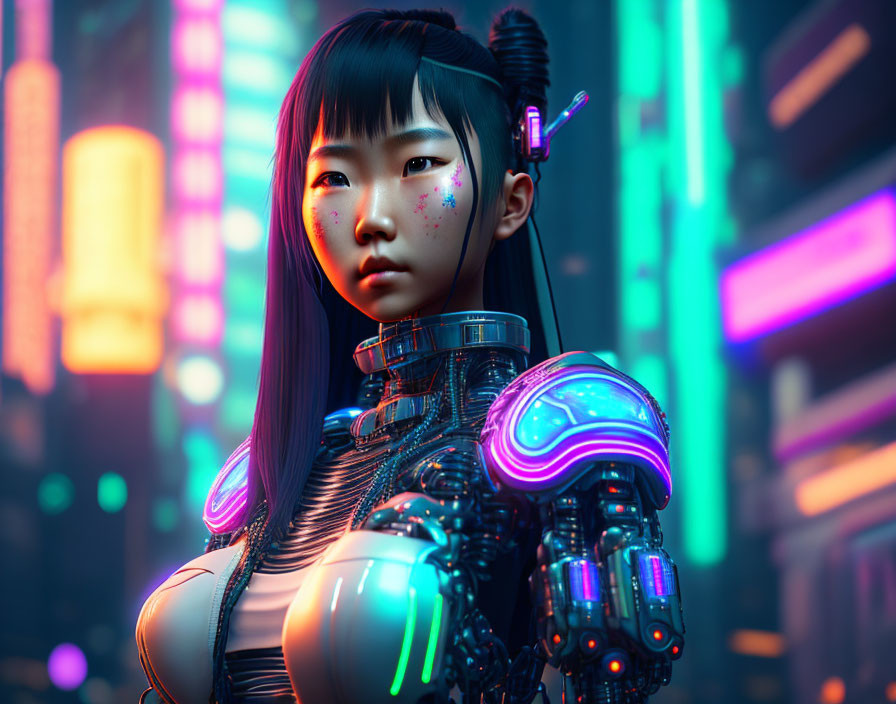 Young girl with Asian features and cybernetic enhancements in neon-lit cityscape