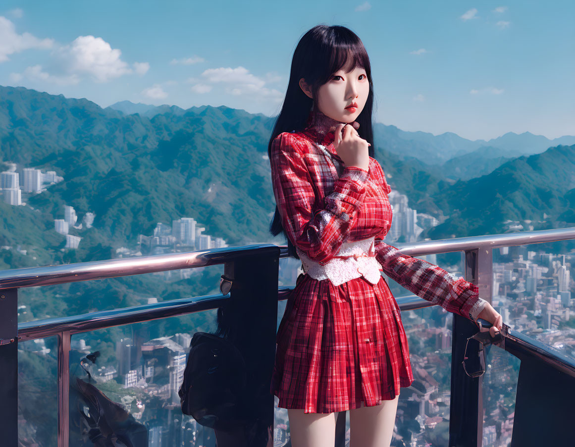 Person in Red Plaid Dress on Elevated Platform with Mountain and City View