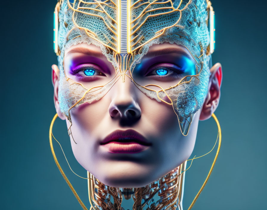 Female Figure with Cybernetic Enhancements and Vivid Eyes