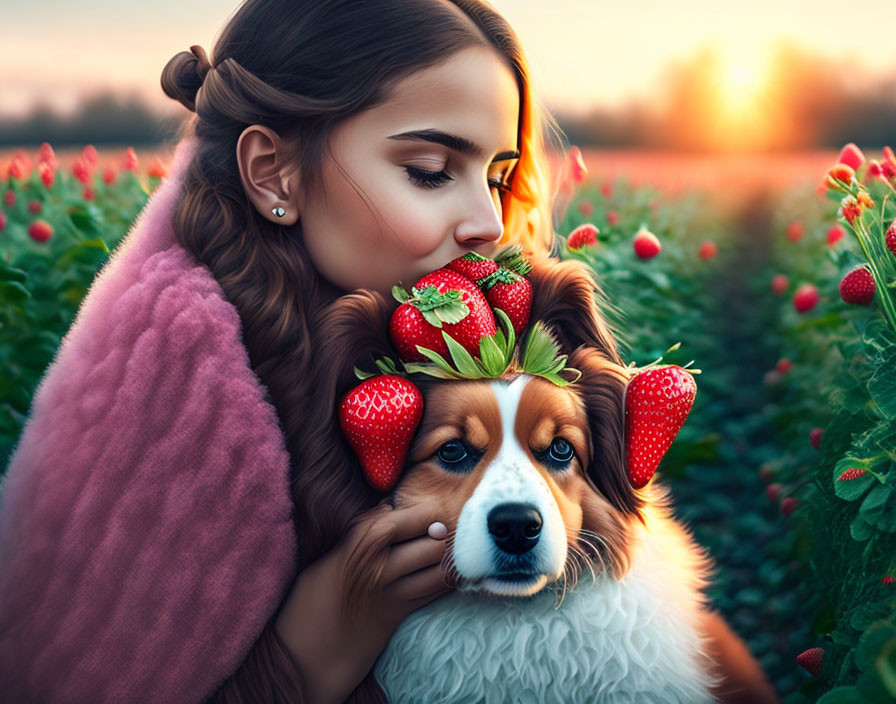 Woman cuddling fluffy dog in strawberry field at sunset