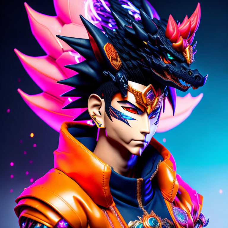 Colorful digital artwork of person with dragon headpiece in orange and blue hues on purple background