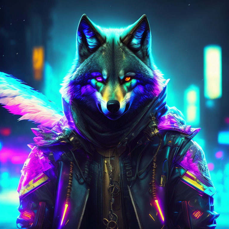 Anthropomorphic wolf in futuristic armor with glowing eyes against cityscape at night