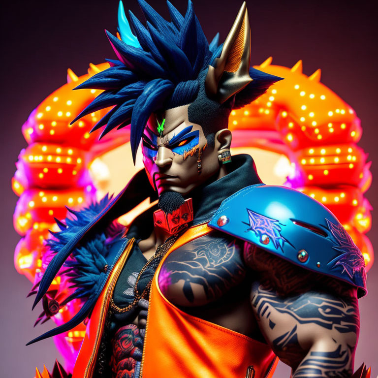 Character with Spiky Blue Hair in Futuristic Armor and Tattoos Amid Glowing Orange Spheres