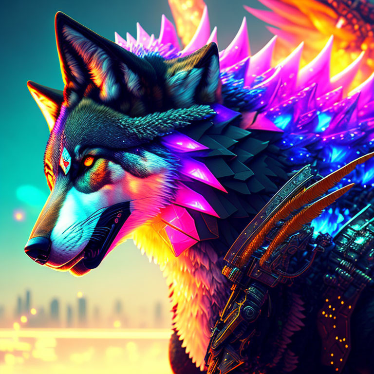 Digital Art: Wolf with Neon Crystal Spikes & Mechanical Elements against Urban Night Skyline