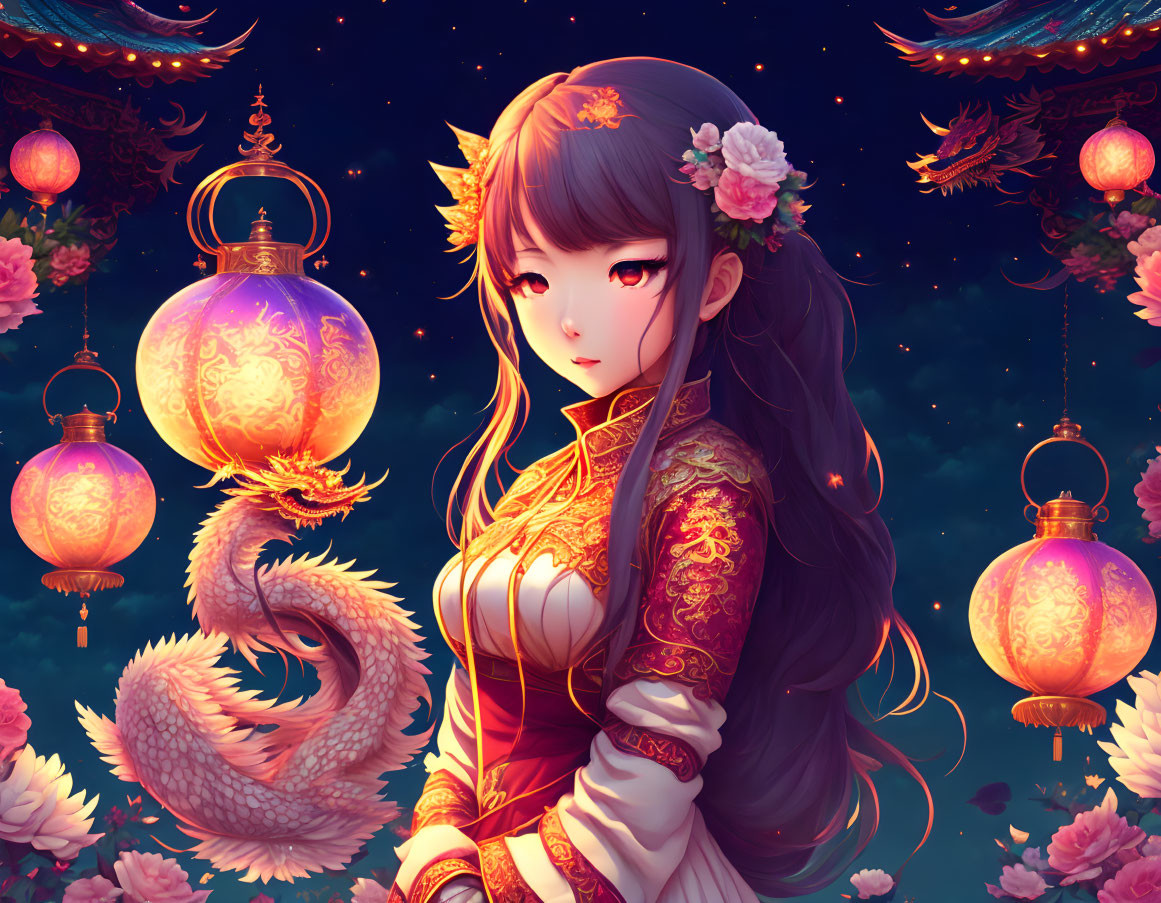 Digital artwork: Woman with flowers in hair, red & gold outfit, lanterns, stylized sw