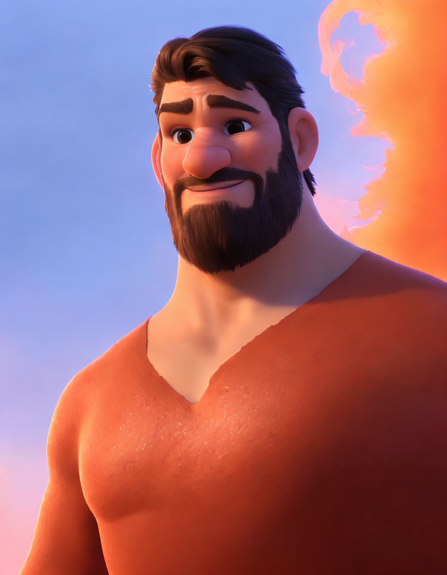 Bearded animated character in red shirt against twilight sky